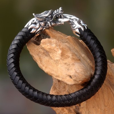 Men's leather and sterling silver bracelet, 'Dragon King' - Original Men's Black Leather and Silver Dragon Bracelet