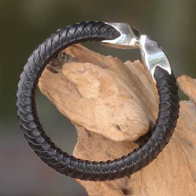 Leather and sterling silver cuff bracelet, 'Energy Flow' - Braided Black Leather and Sterling Silver Bracelet