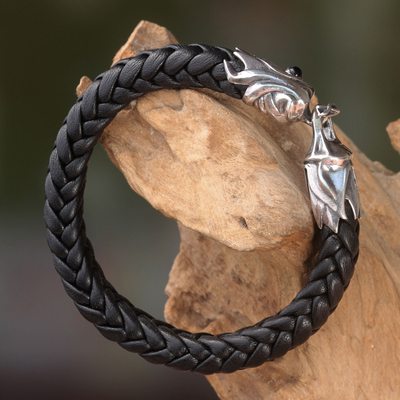 Men's leather and sterling silver bracelet, 'Fireballs' - Braided Leather and Silver Bracelet for Men from Bali