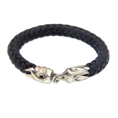 Men's leather and sterling silver bracelet, 'Fireballs' - Braided Leather and Silver Bracelet for Men from Bali
