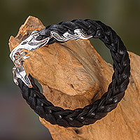 Men's leather and sterling silver bracelet, 'Lipan' - Unique Sterling Silver and Black Leather Bracelet for Men