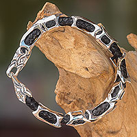 Sterling Silver and Braided Black Leather Men's Bracelet,'Bone Dragon'