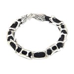 Men's leather and sterling silver bracelet, 'Bone Dragon' - Sterling Silver and Braided Black Leather Men's Bracelet