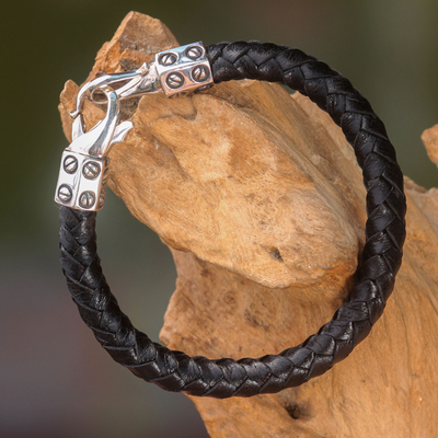 Leather and sterling silver bracelet, 'Whip' - Handcrafted Black Leather and Silver Women's Bracelet