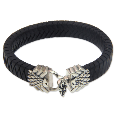 Artisan Crafted Leather and Silver Eagle Bracelet