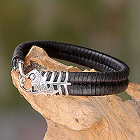 Men's leather and sterling silver bracelet, 'Gone Fishing'