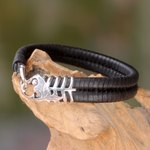 Men's leather and sterling silver bracelet, 'Gone Fishing' - Unique Fish Themed Men's Leather and 925 Silver Bracelet