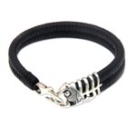Men's leather and sterling silver bracelet, 'Gone Fishing' - Unique Fish Themed Men's Leather and 925 Silver Bracelet