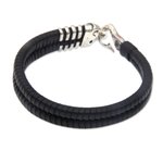 Men's leather and sterling silver bracelet, 'Gone Fishing' - Unique Fish Themed Men's Leather and 925 Silver Bracelet