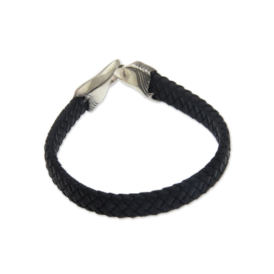 Leather and sterling silver bracelet, 'Undercurrents' - Fair Trade Women's Black Leather and Silver Bracelet