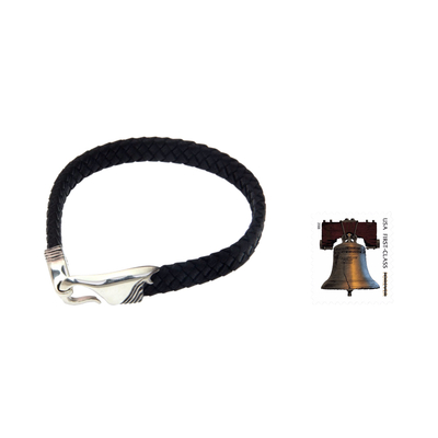 Leather and sterling silver bracelet, 'Undercurrents' - Fair Trade Women's Black Leather and Silver Bracelet