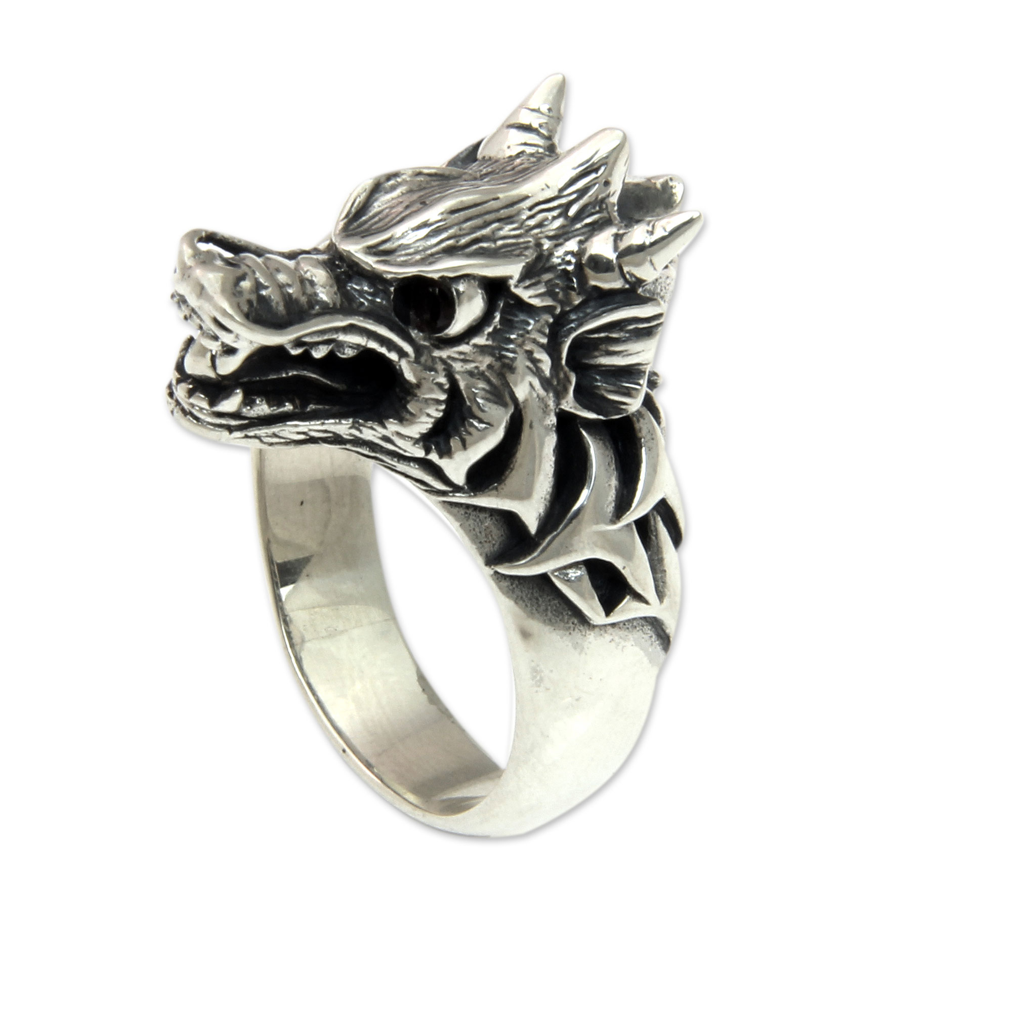 Garnet and Sterling Silver Men's Dragon Wolf Ring - Dragon Wolf | NOVICA