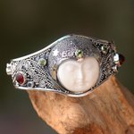 Peridot and carnelian cuff bracelet, 'Moon Queen' - Handmade Cuff Bracelet with Gemstones, Bone, and Silver