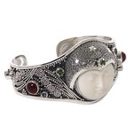 Peridot and carnelian cuff bracelet, 'Moon Queen' - Handmade Cuff Bracelet with Gemstones, Bone, and Silver