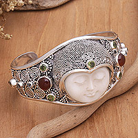 Peridot and carnelian cuff bracelet, 'Moon Empress' - Hand Carved Bone, Silver, and Gemstone Cuff Bracelet