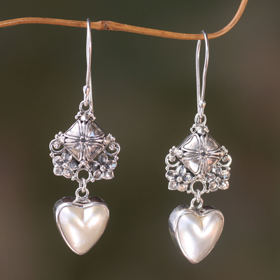 Cultured mabe pearl dangle earrings, 'Pure of Heart' - Heart-Shaped Mabe Pearl and Silver Dangle Earrings