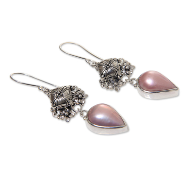 Pink mabe pearl dangle earrings, 'Budding Frangipani' - Handmade Pink Mabe Pearl and Silver Earrings from Bali