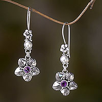 Amethyst and pearl dangle earrings, 'Rainforest Blossom'