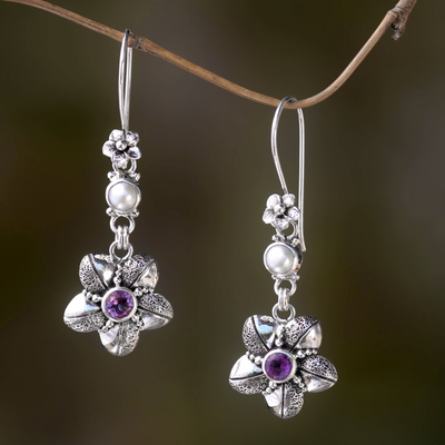 Amethyst and pearl dangle earrings, 'Rainforest Blossom' - Silver Flower Earrings with Amethyst and Cultured Pearl