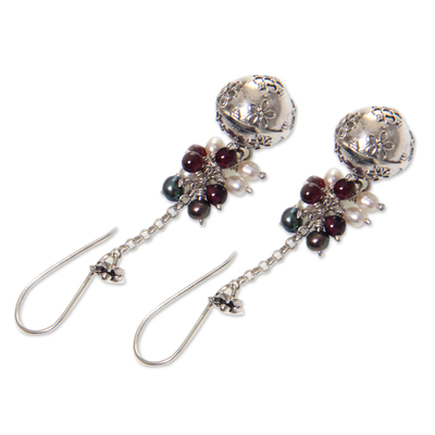 Cultured pearl and garnet dangle earrings, 'Flower Chime' - Floral Sterling Silver Earrings with Garnets and Pearls
