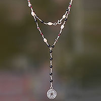 Onyx, garnet and pearl Y necklace, 'Ebony and Crimson Pis Bolong' - Sterling Silver, Onyx, Garnet and Pearl Y-Style Necklace