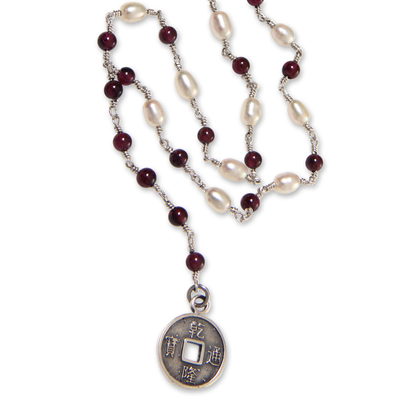 Garnet and pearl Y necklace, 'Ivory and Crimson Pis Bolong' - Y-Necklace with 925 Sterling Silver, Garnets and Pearls