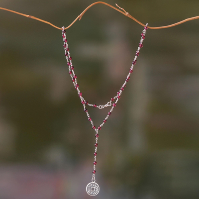 Garnet Y necklace, 'Crimson Pis Bolong' - Garnet and Sterling Silver Necklace with Lucky Coin