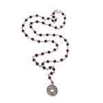 Garnet Y necklace, 'Crimson Pis Bolong' - Garnet and Sterling Silver Necklace with Lucky Coin