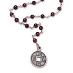 Garnet Y necklace, 'Crimson Pis Bolong' - Garnet and Sterling Silver Necklace with Lucky Coin