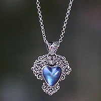 Blue mabe pearl pendant necklace, 'Blue Heart in Bloom'