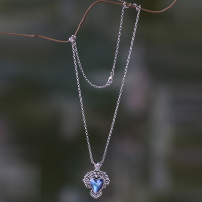 Blue mabe pearl pendant necklace, 'Blue Heart in Bloom' - Heart Shaped Blue Cultured Mabe Pearl Pendant Necklace