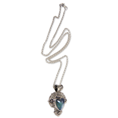 Blue mabe pearl pendant necklace, 'Blue Heart in Bloom' - Heart Shaped Blue Cultured Mabe Pearl Pendant Necklace