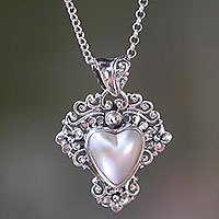 Cultured mabe pearl pendant necklace, 'Heart in Bloom' - Sterling Silver and Heart-Shaped Pearl Pendant Necklace