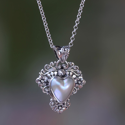 Cultured mabe pearl pendant necklace, 'Heart in Bloom' - Sterling Silver and Heart-Shaped Pearl Pendant Necklace