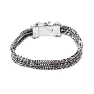 Sterling silver chain bracelet, 'Dragon Tails' - Triple Strand Sterling Silver Naga Chain Bracelet from Bali