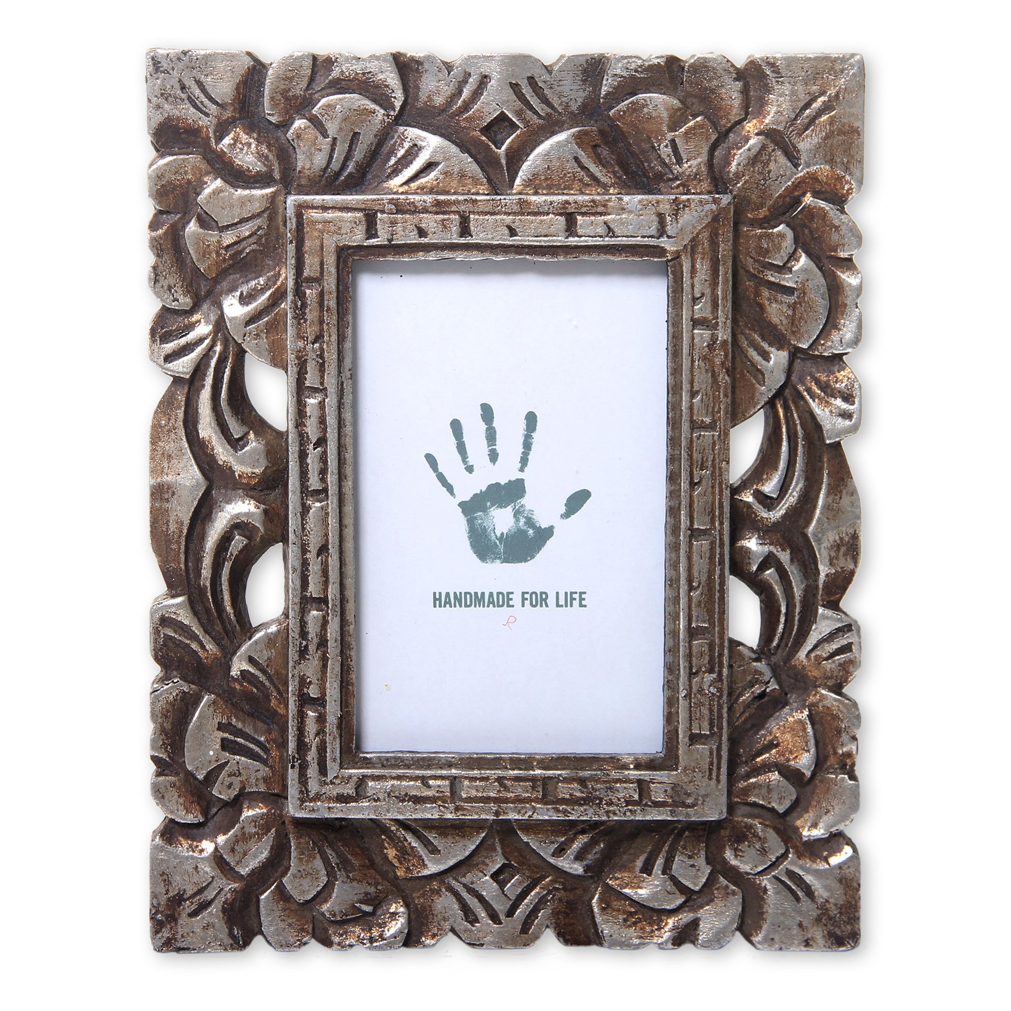 Carved Wood Photo Frame with Rustic Silver Finish (3x5) Ubud Rustic NOVICA