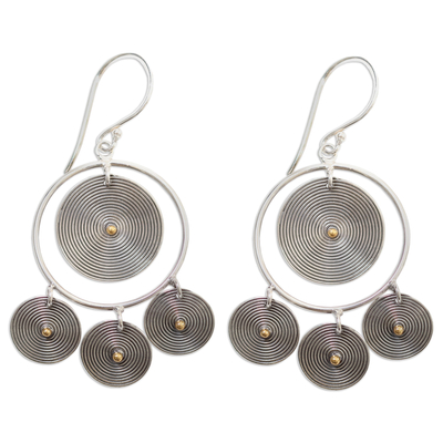 Gold accented chandelier earrings, 'Orbiting Moons' - Artisan Crafted Sterling Silver and 18k Gold Accent Earrings