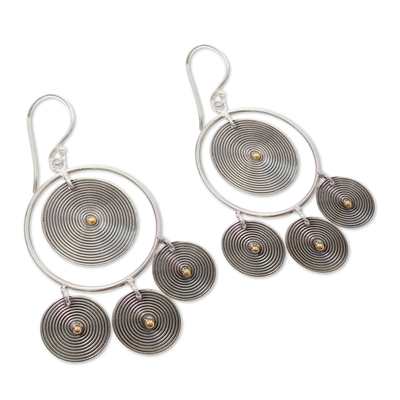 Gold accented chandelier earrings, 'Orbiting Moons' - Artisan Crafted Sterling Silver and 18k Gold Accent Earrings