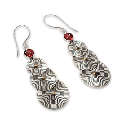 18k gold accent and garnet dangle earrings, 'Ripple Effect' - Sterling Silver and Garnet Earrings with 18k Gold Accent