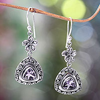 Amethyst dangle earrings, 'Purple Plumeria' - Sterling Silver Flower Dangle Earrings with Amethysts