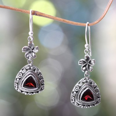 Garnet dangle earrings, 'Crimson Plumeria' - Hand Made Garnet and 925 Sterling Silver Flower Earrings
