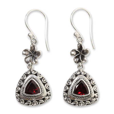 Garnet dangle earrings, 'Crimson Plumeria' - Hand Made Garnet and 925 Sterling Silver Flower Earrings