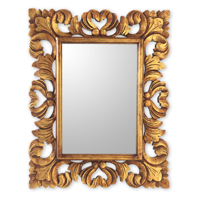 Wood wall mirror, 'Nova' - Artisan Crafted Rectangular Wood Wall Mirror in Antique Gold