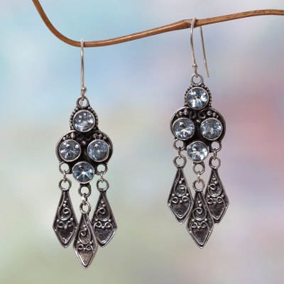 Blue topaz dangle earrings, 'Edwardian Grace' - Ornate Blue Topaz and Sterling Silver Chandelier Earrings