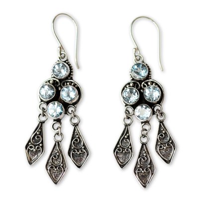 Blue topaz dangle earrings, 'Edwardian Grace' - Ornate Blue Topaz and Sterling Silver Chandelier Earrings