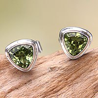 Peridot stud earrings, 'Green Trinity' - Artisan Designed Peridot Stud Earrings with Trillion Cut