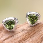 Peridot stud earrings, 'Green Trinity' - Artisan Designed Peridot Stud Earrings with Trillion Cut