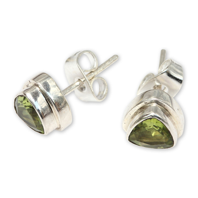 Peridot stud earrings, 'Green Trinity' - Artisan Designed Peridot Stud Earrings with Trillion Cut