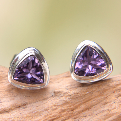 Amethyst stud earrings, 'Purple Trinity' - Artisan Crafted Amethyst and Sterling Silver Stud Earrings