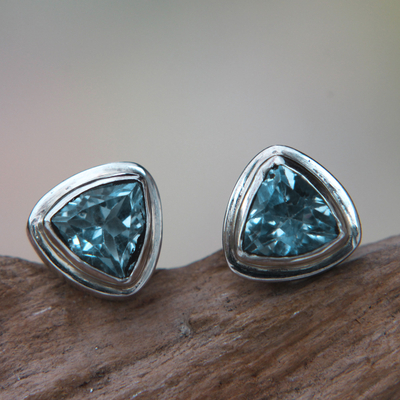 Blue topaz stud earrings, 'Sky Blue Trinity' - Classic Blue Topaz Stud Earrings Set in Sterling 925 Silver